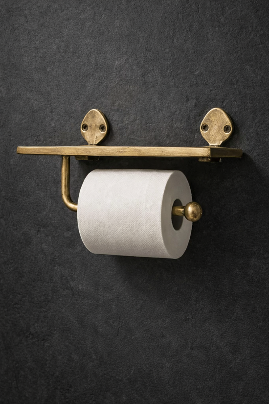 Brass Toilet Paper Holder with Shelf – Wall Mounted Bathroom Tissue Roll Holder in Burnished Patina Finish